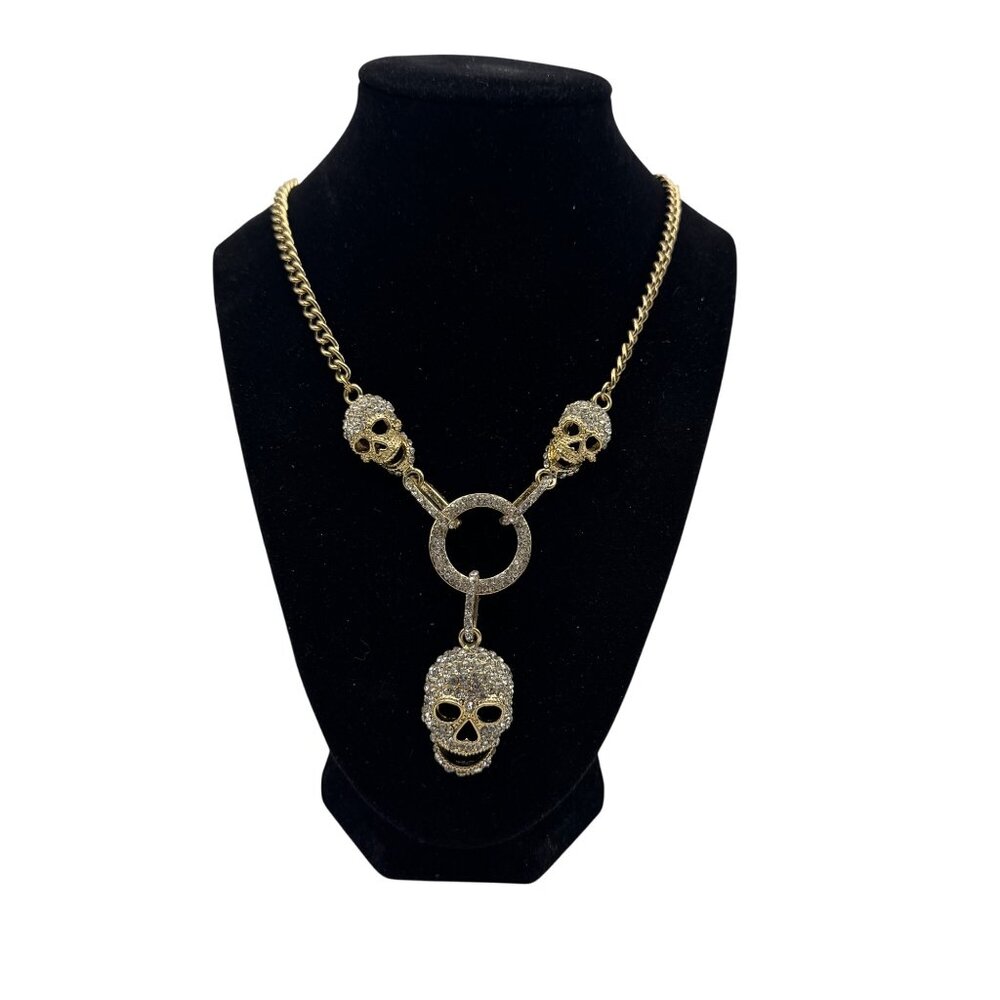 Gold Tone Chain Necklace Crystal Pave Skull Pendant Adjustable Length